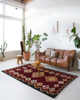 Vintage kilim rug in living room setting, bright colors, wild shaman, soft rug, bold color, Portland, Oregon, rug store, rug shop, local shop, vintage rug, modern kilim, warm colors