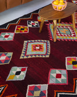 Vintage kilim rug in living room setting, bright colors, wild shaman, soft rug, bold color, Portland, Oregon, rug store, rug shop, local shop, vintage rug, modern kilim, warm colors