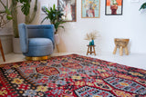 Vintage kilim rug in living room setting, bright colors, wild shaman, soft rug, bold color, Portland, Oregon, rug store, rug shop, local shop, vintage rug, modern kilim, warm colors