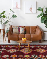 Vintage kilim rug in living room setting, bright colors, wild shaman, soft rug, bold color, Portland, Oregon, rug store, rug shop, local shop, vintage rug, modern kilim, warm colors