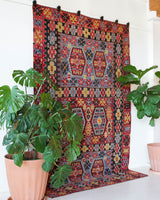 Vintage kilim rug in living room setting, bright colors, wild shaman, soft rug, bold color, Portland, Oregon, rug store, rug shop, local shop, vintage rug, modern kilim, warm colors