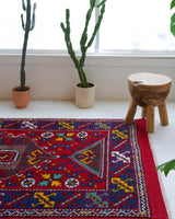 Vintage Turkish rug in a living room setting, pile rug, Turkish rug, vintage rug, portland, rug shop, bright colors, wild shaman, soft rug, bold color, Portland, Oregon, rug store, rug shop, local shop, antique rug
