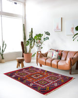 Vintage Turkish rug in a living room setting, pile rug, Turkish rug, vintage rug, portland, rug shop, bright colors, wild shaman, soft rug, bold color, Portland, Oregon, rug store, rug shop, local shop, antique rug