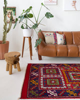 Vintage Turkish rug in a living room setting, pile rug, Turkish rug, vintage rug, portland, rug shop, bright colors, wild shaman, soft rug, bold color, Portland, Oregon, rug store, rug shop, local shop, antique rug