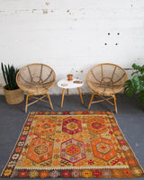 old rug, antique rug, earthy colors, faded colors, Turkish rug, vintage rug, flat weave, kilim rug, large area rug, square rug, Wild Shaman, Portland, Oregon, rug store, rug shop, local shop