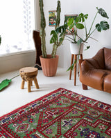 Vintage Turkish rug in a living room setting, pile rug, Turkish rug, vintage rug, portland, rug shop, bright colors, wild shaman, soft rug, bold color, Portland, Oregon, rug store, rug shop, local shop, antique rug, earthy colors