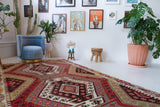 Vintage kilim rug in living room setting, old rug, antique rug, pastel colors, faded colors, Turkish rug, vintage rug, soft rug, Portland, Oregon, rug store, rug shop, local shop, earthy tones, earthy colors, warm colors