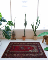 Vintage mini kilim rug in room decor setting, kilim, Turkish rug, vintage rug, portland, rug shop, bright colors, wild shaman, soft rug, bold color, Portland, Oregon, rug store, rug shop, local shop