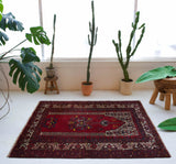 Vintage mini kilim rug in room decor setting, kilim, Turkish rug, vintage rug, portland, rug shop, bright colors, wild shaman, soft rug, bold color, Portland, Oregon, rug store, rug shop, local shop