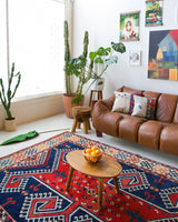 Vintage Turkish rug in a living room setting, pile rug, Turkish rug, vintage rug, portland, rug shop, bright colors, wild shaman, soft rug, bold color, Portland, Oregon, rug store, rug shop, local shop