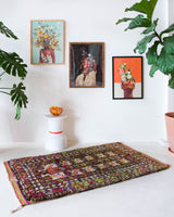 Vintage Turkish rug in a living room setting, pile rug, Turkish rug, vintage rug, portland, rug shop, bright colors, wild shaman, soft rug, bold color, Portland, Oregon, rug store, rug shop, local shop, antique rug