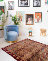 Vintage Turkish rug in a living room setting, pile rug, Turkish rug, vintage rug, portland, rug shop, bright colors, wild shaman, soft rug, bold color, Portland, Oregon, rug store, rug shop, local shop, antique rug