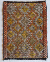 Vintage mini kilim rug in room decor setting, kilim, Turkish rug, vintage rug, portland, rug shop, bright colors, wild shaman, soft rug, bold color, Portland, Oregon, rug store, rug shop, local shop