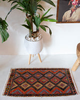 Vintage mini kilim rug in room decor setting, kilim, Turkish rug, vintage rug, portland, rug shop, bright colors, wild shaman, soft rug, bold color, Portland, Oregon, rug store, rug shop, local shop