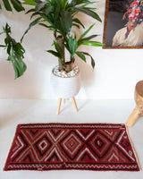 Vintage mini kilim rug in room decor setting, kilim, Turkish rug, vintage rug, portland, rug shop, bright colors, wild shaman, soft rug, bold color, Portland, Oregon, rug store, rug shop, local shop