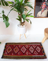 Vintage mini kilim rug in room decor setting, kilim, Turkish rug, vintage rug, portland, rug shop, bright colors, wild shaman, soft rug, bold color, Portland, Oregon, rug store, rug shop, local shop