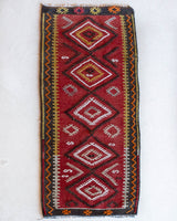 Vintage mini kilim rug in room decor setting, kilim, Turkish rug, vintage rug, portland, rug shop, bright colors, wild shaman, soft rug, bold color, Portland, Oregon, rug store, rug shop, local shop