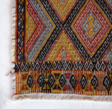 Vintage mini kilim rug in room decor setting, kilim, Turkish rug, vintage rug, portland, rug shop, bright colors, wild shaman, soft rug, bold color, Portland, Oregon, rug store, rug shop, local shop