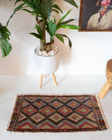 Vintage mini kilim rug in room decor setting, kilim, Turkish rug, vintage rug, portland, rug shop, bright colors, wild shaman, soft rug, bold color, Portland, Oregon, rug store, rug shop, local shop
