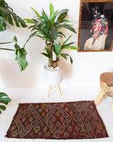 Vintage mini kilim rug in room decor setting, kilim, Turkish rug, vintage rug, portland, rug shop, bright colors, wild shaman, soft rug, bold color, Portland, Oregon, rug store, rug shop, local shop