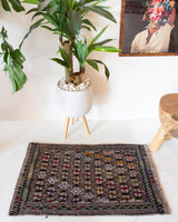 Vintage mini kilim rug in room decor setting, kilim, Turkish rug, vintage rug, portland, rug shop, bright colors, wild shaman, soft rug, bold color, Portland, Oregon, rug store, rug shop, local shop