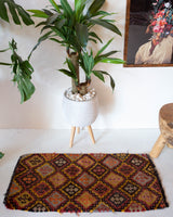 Vintage mini kilim rug in room decor setting, kilim, Turkish rug, vintage rug, portland, rug shop, bright colors, wild shaman, soft rug, bold color, Portland, Oregon, rug store, rug shop, local shop