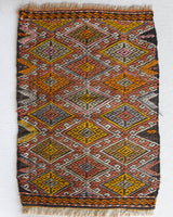 Vintage mini kilim rug in room decor setting, kilim, Turkish rug, vintage rug, portland, rug shop, bright colors, wild shaman, soft rug, bold color, Portland, Oregon, rug store, rug shop, local shop
