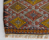 Vintage mini kilim rug in room decor setting, kilim, Turkish rug, vintage rug, portland, rug shop, bright colors, wild shaman, soft rug, bold color, Portland, Oregon, rug store, rug shop, local shop