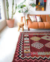Vintage kilim rug in living room setting, bright colors, wild shaman, soft rug, bold color, Portland, Oregon, rug store, rug shop, local shop, vintage rug, modern kilim, warm