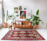 Vintage kilim rug in living room setting, bright colors, wild shaman, soft rug, bold color, Portland, Oregon, rug store, rug shop, local shop, vintage rug, modern kilim, warm