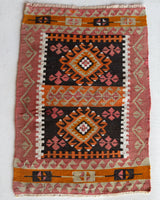 Vintage mini kilim rug in room decor setting, kilim, Turkish rug, vintage rug, portland, rug shop, bright colors, wild shaman, soft rug, bold color, Portland, Oregon, rug store, rug shop, local shop