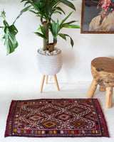 Vintage mini kilim rug in room decor setting, kilim, Turkish rug, vintage rug, portland, rug shop, bright colors, wild shaman, soft rug, bold color, Portland, Oregon, rug store, rug shop, local shop