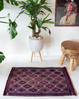 Vintage mini kilim rug in room decor setting, kilim, Turkish rug, vintage rug, portland, rug shop, bright colors, wild shaman, soft rug, bold color, Portland, Oregon, rug store, rug shop, local shop