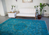 Vintage Overdyed Isparta Rug in coral blue 6.5ftx9.6ft