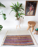 Vintage mini kilim rug in room decor setting, kilim, Turkish rug, vintage rug, portland, rug shop, bright colors, wild shaman, soft rug, bold color, Portland, Oregon, rug store, rug shop, local shop