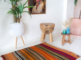 Vintage mini kilim rug in room decor setting, kilim, Turkish rug, vintage rug, portland, rug shop, bright colors, wild shaman, soft rug, bold color, Portland, Oregon, rug store, rug shop, local shop