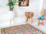 Vintage mini kilim rug in room decor setting, kilim, Turkish rug, vintage rug, portland, rug shop, bright colors, wild shaman, soft rug, bold color, Portland, Oregon, rug store, rug shop, local shop