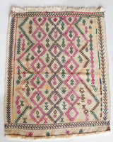 Vintage mini kilim rug in room decor setting, kilim, Turkish rug, vintage rug, portland, rug shop, bright colors, wild shaman, soft rug, bold color, Portland, Oregon, rug store, rug shop, local shop