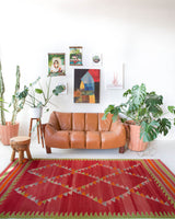 Vintage kilim rug in living room setting, bright colors, wild shaman, soft rug, bold color, Portland, Oregon, rug store, rug shop, local shop, vintage rug, modern kilim, warm colors