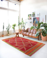 Vintage kilim rug in living room setting, bright colors, wild shaman, soft rug, bold color, Portland, Oregon, rug store, rug shop, local shop, vintage rug, modern kilim, warm colors