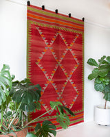 Vintage kilim rug in living room setting, bright colors, wild shaman, soft rug, bold color, Portland, Oregon, rug store, rug shop, local shop, vintage rug, modern kilim, warm colors