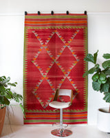 Vintage kilim rug in living room setting, bright colors, wild shaman, soft rug, bold color, Portland, Oregon, rug store, rug shop, local shop, vintage rug, modern kilim, warm colors