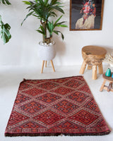 Vintage mini kilim rug in room decor setting, kilim, Turkish rug, vintage rug, portland, rug shop, bright colors, wild shaman, soft rug, bold color, Portland, Oregon, rug store, rug shop, local shop