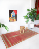 Vintage kilim rug in living room setting, old rug, antique rug, pastel colors, faded colors, Turkish rug, vintage rug, soft rug, Portland, Oregon, rug store, rug shop, local shop, earthy tones, earthy colors, warm colors