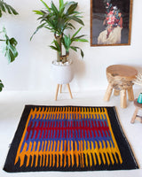 Vintage mini kilim rug in room decor setting, kilim, Turkish rug, vintage rug, portland, rug shop, bright colors, wild shaman, soft rug, bold color, Portland, Oregon, rug store, rug shop, local shop