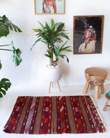 Vintage mini kilim rug in room decor setting, kilim, Turkish rug, vintage rug, portland, rug shop, bright colors, wild shaman, soft rug, bold color, Portland, Oregon, rug store, rug shop, local shop
