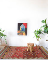 Vintage kilim rug in living room setting, bright colors, wild shaman, soft rug, bold color, Portland, Oregon, rug store, rug shop, local shop, vintage rug, modern kilim, warm colors