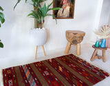 Vintage mini kilim rug in room decor setting, kilim, Turkish rug, vintage rug, portland, rug shop, bright colors, wild shaman, soft rug, bold color, Portland, Oregon, rug store, rug shop, local shop