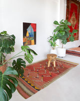 Vintage kilim rug in living room setting, bright colors, wild shaman, soft rug, bold color, Portland, Oregon, rug store, rug shop, local shop, vintage rug, modern kilim, warm colors