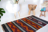 Vintage mini kilim rug in room decor setting, kilim, Turkish rug, vintage rug, portland, rug shop, bright colors, wild shaman, soft rug, bold color, Portland, Oregon, rug store, rug shop, local shop